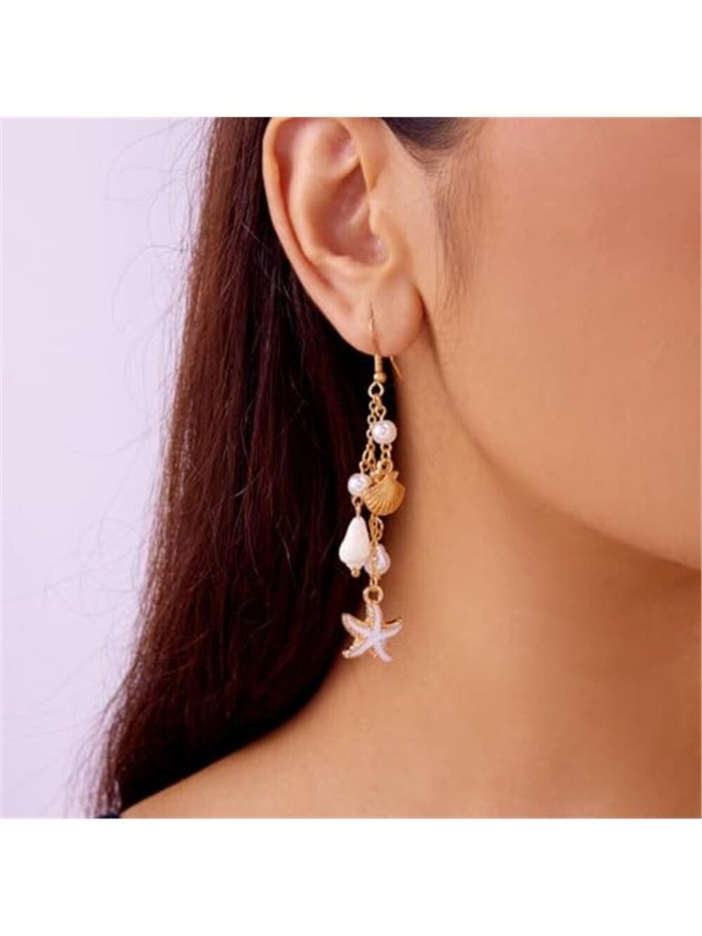 Beach Boho Starfish Shell Dangle Drop Earrings - Picture 2 of 3